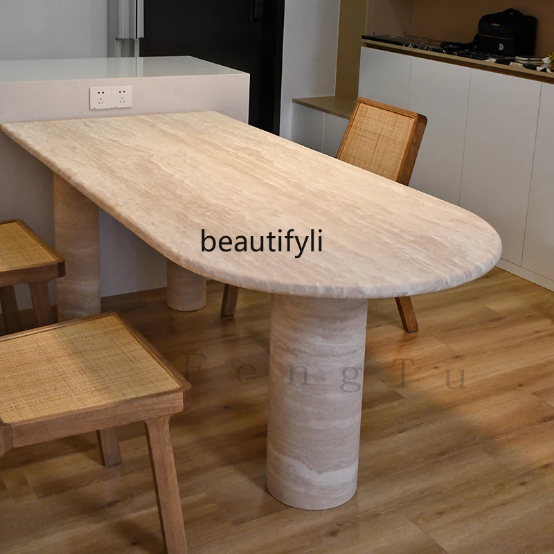 

Light luxury wabi sand travertine dining table natural marble designer rectangular household dining table