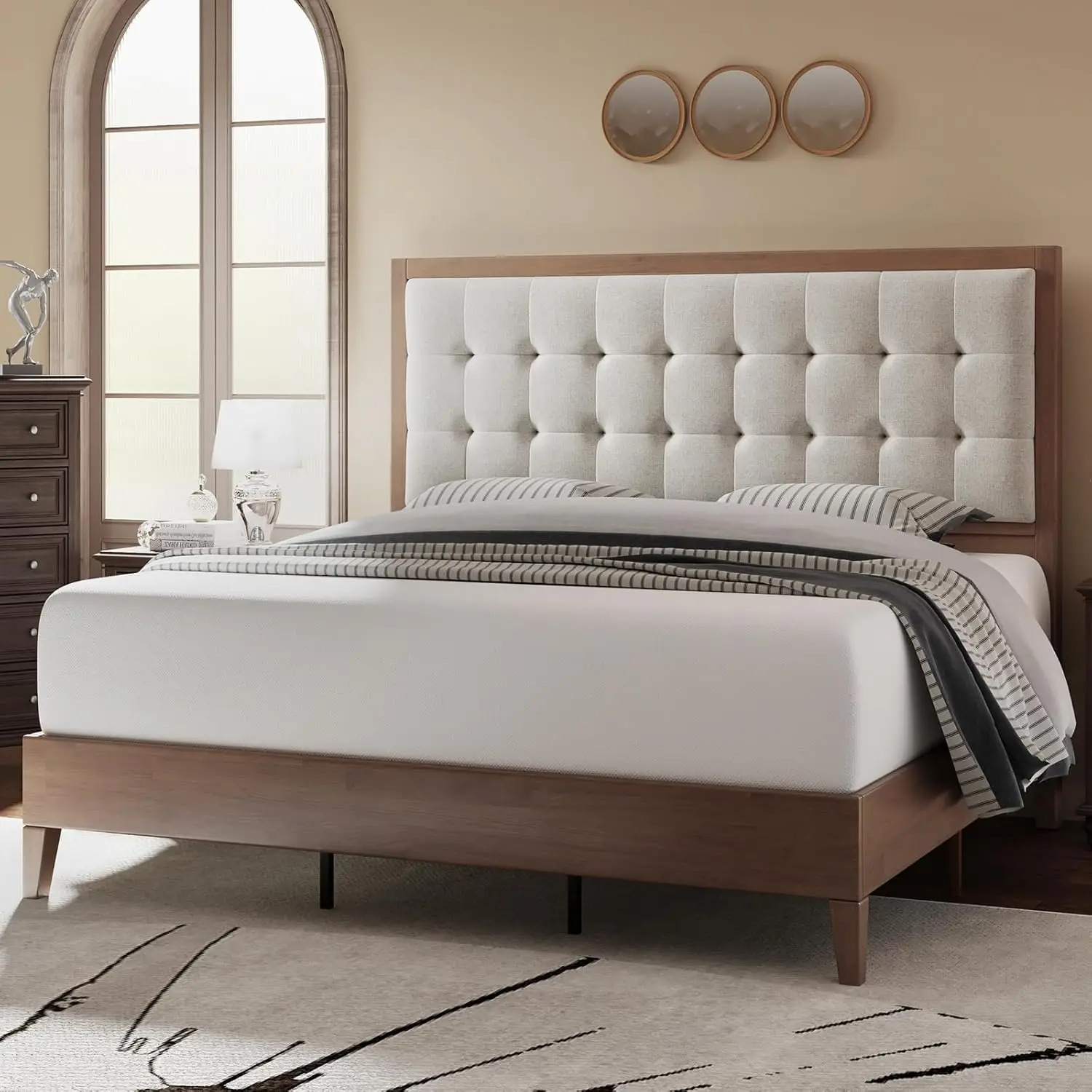 Wood Platform Bed Frame Queen Size Upholstered Tufted Headboard Solid Wood No Box Spring Needed