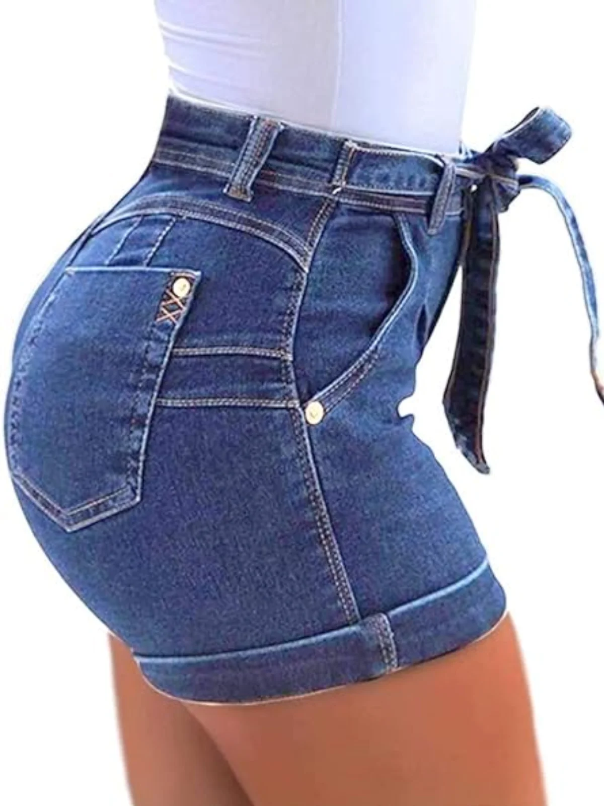 Women\'s High Waist Denim Shorts Lace-up Belt Washed Summer Fashion Sexy Shorts Jeans Daily Women\'s Fashion Skinny Denim Short