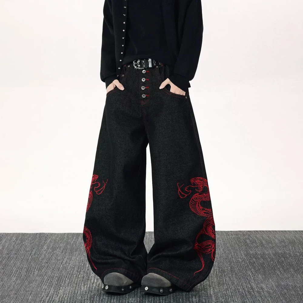 

2025 зимние новые мужские широкие джинсы с вышивкой, унисекс, американский ретро-модный тренд, свободный повседневный нишевый мужской топ High Street