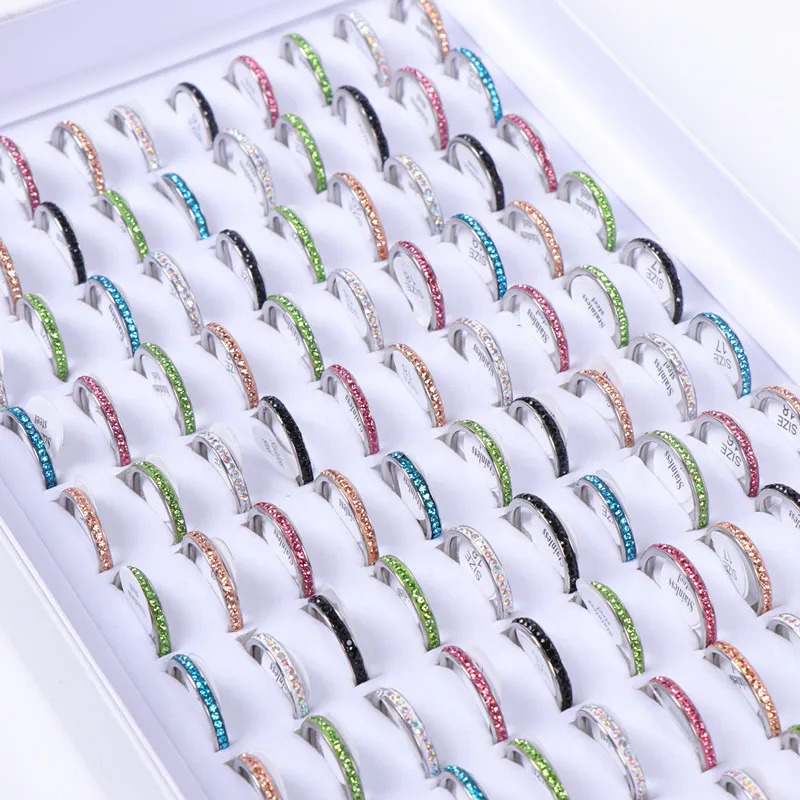 Pack of 20pcs Women's Fashion 2mm Multicolor Crystal Stainless Steel Jewelry Rings For Wedding Engagement