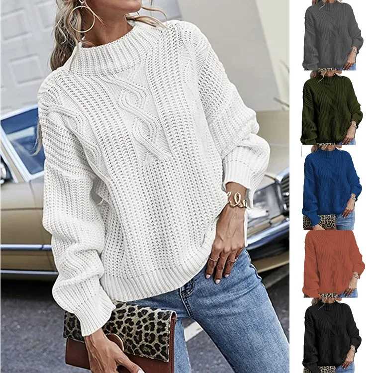 Spring And Autumn Women's Crew Neck Sweater Knitted Long Sleeve Sweater Pullover