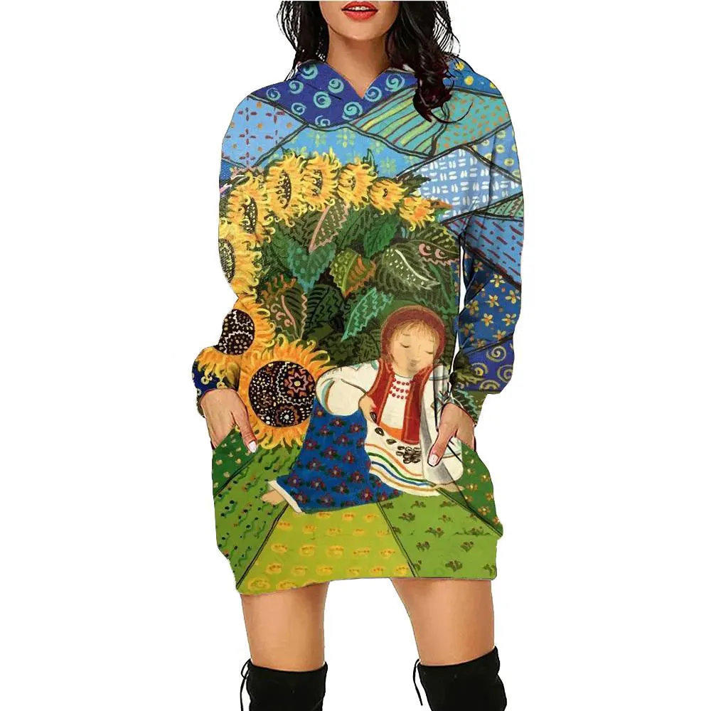 

New 3D oil painting printed loose hooded dress, winter loose, winter autumn hooded vacation suit, hooded dress