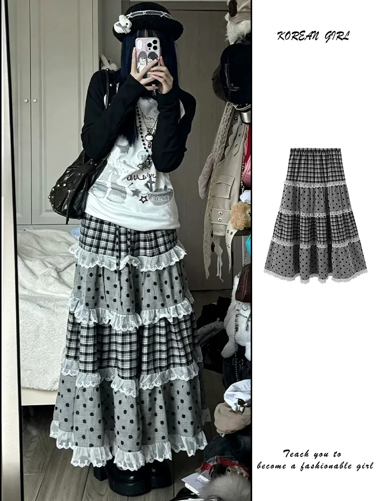 Korean Style Heavy Embroidery Plaid Half Skirt Women's Spring Autumn Winter Seasonal Wear Cake Skirt High Waist Elastic Waist
