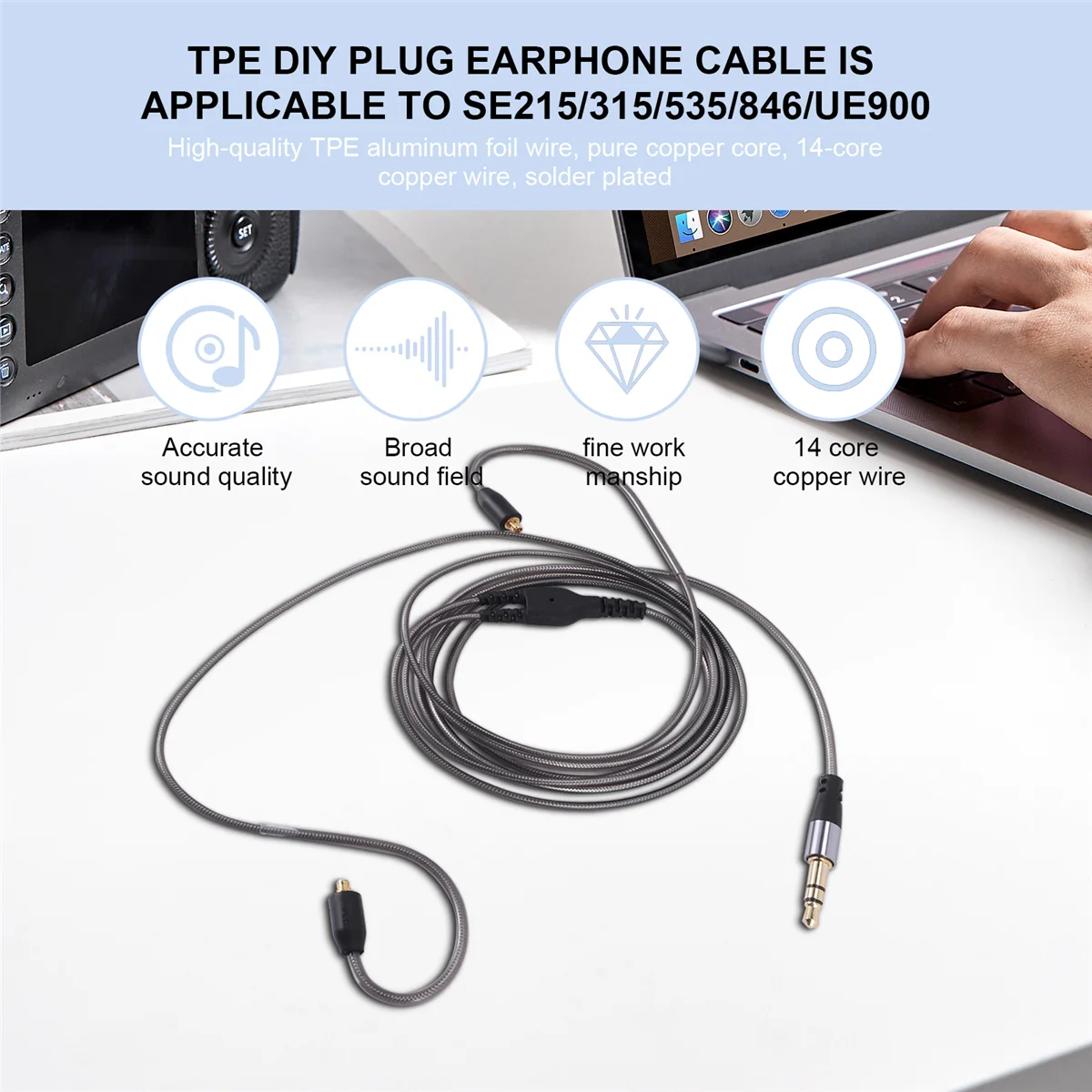 DIY Ie800 Headphone Cable Single Crystal Copper Wires, 14 Core MMCX Interface Earphone Cable for SE215/315/535/UE900