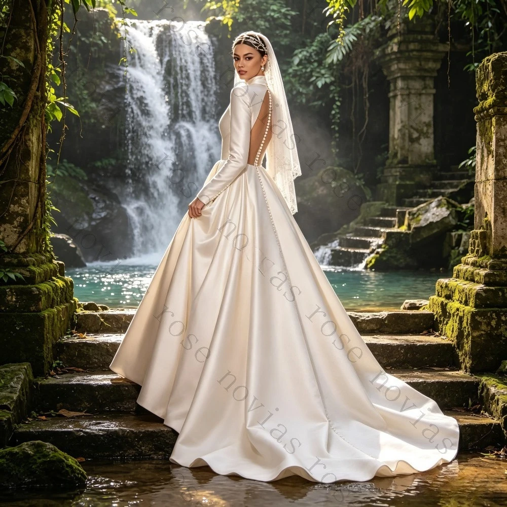 Customized High Necked Long Sleeved Satin Wedding Dress Creates An Elegant Look 2026 Popular Backless Fluffy Noble Bridal Gown