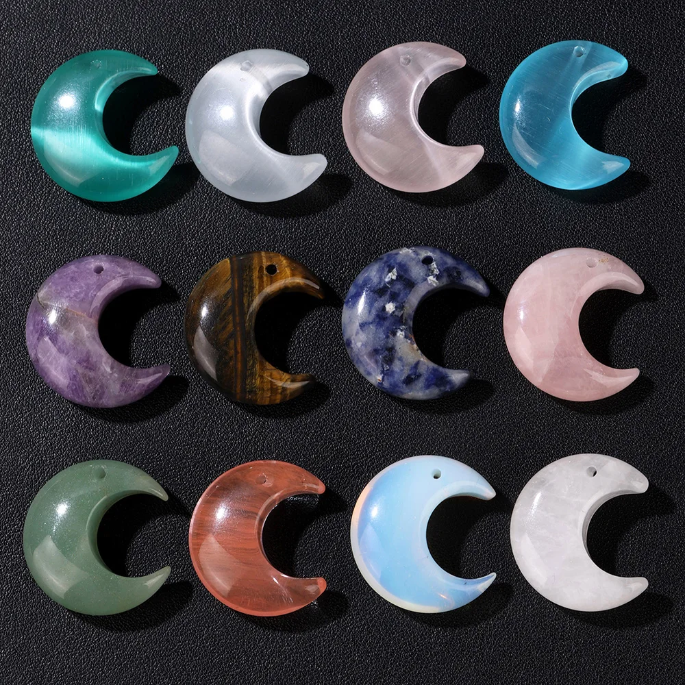 2PCS Natural Crescent Moon Charm Bead Top Drilled Cat Eye Amethyst Quartz Reiki Pendant For Jewelry Making Necklace Earrings DIY