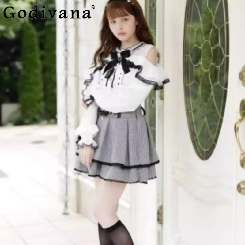 

Spring Autumn Large Size Japanese Stand-Up Collar Off-Shoulder Shirt Sweet Girl Versatile Fashion Age Reduction College Shirts