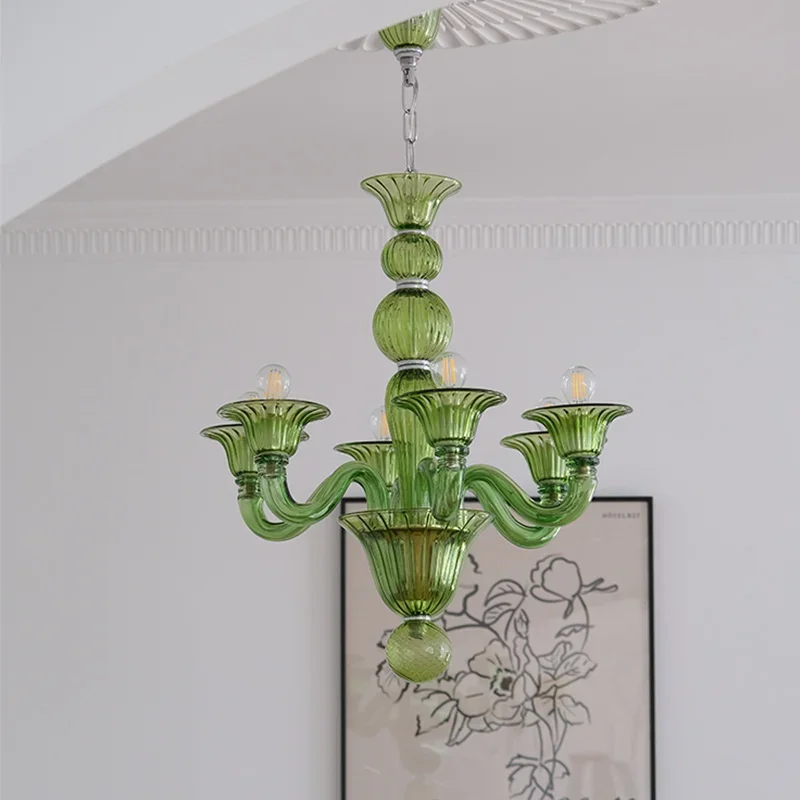 Light French elegant green candle chandelier designer medieval glass light luxury retro dining room living  bedroom