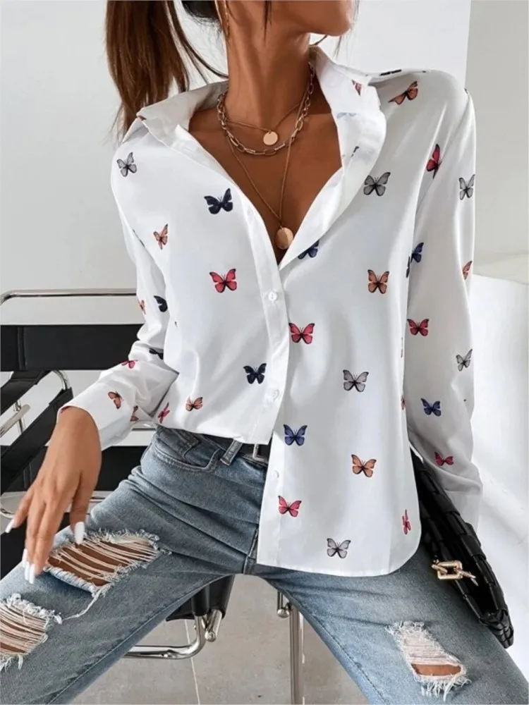 Women Fashion Butterfly Print Shirt Blouse Spring Autumn Turn-down Collar Long Sleeve Button Casual Loose Elegant Ladies Shirts