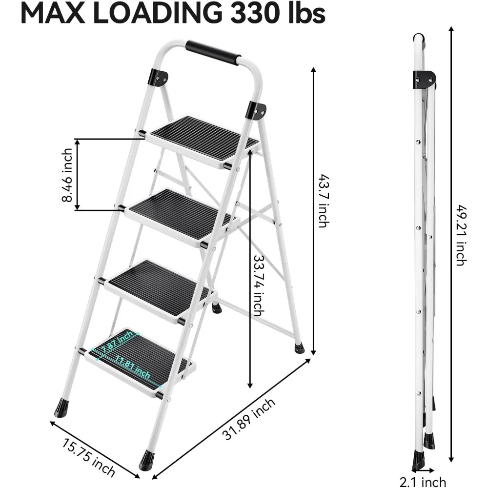Escalera plegable de 4 escalones con pasamanos para adultos: acero resistente, liviana y portátil