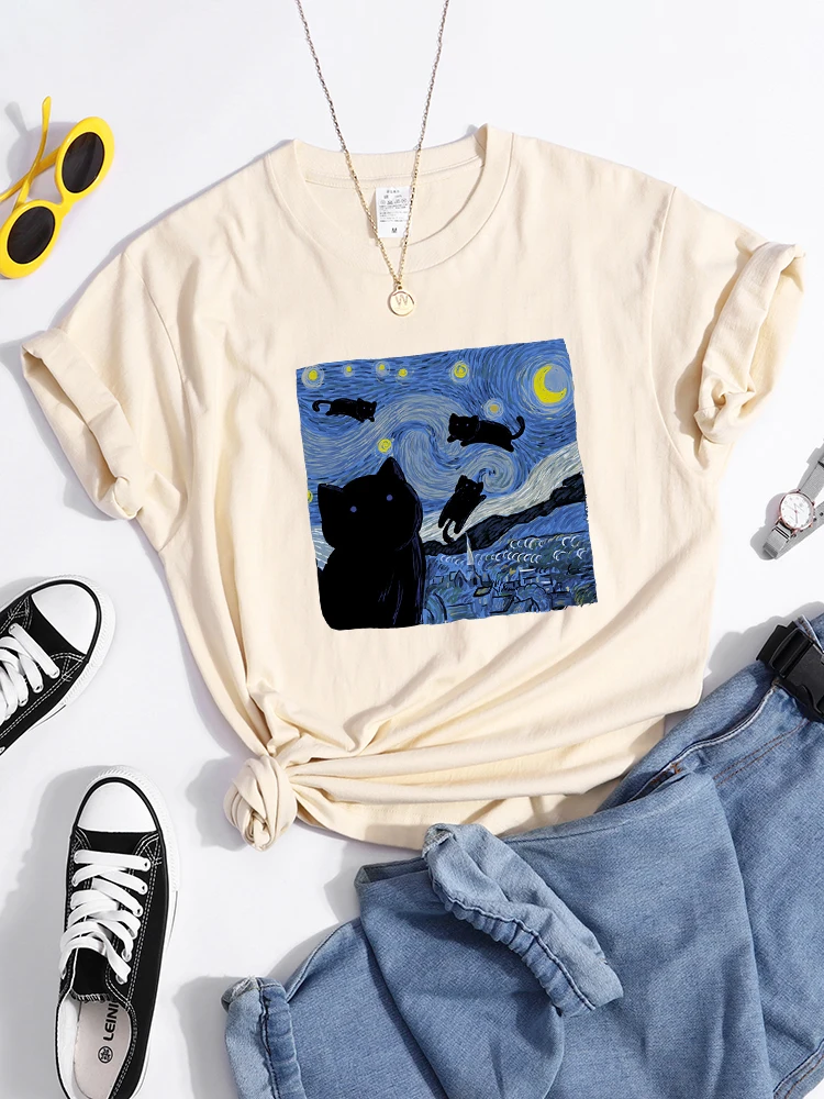 Vincent Van Gogh Starry Night Cute Cat In Painting Print Women's t-Shirt Hip Hop Soft Tops Loose Tshirt Summer Women's Tshirts