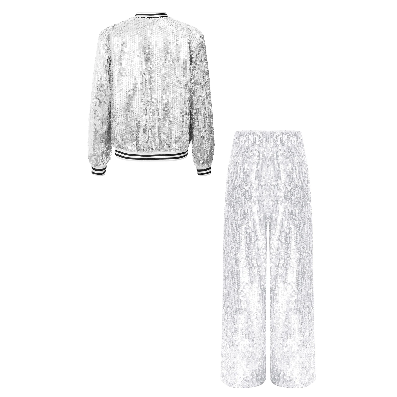 Dziecięcy dziewczęcy błyszczący strój do tańca hip-hopowego, jazzowego i street dance'a, kurtka baseballowa z długim rękawem i spodnie z szerokimi nogawkami, strój na scenę i imprezy taneczne.