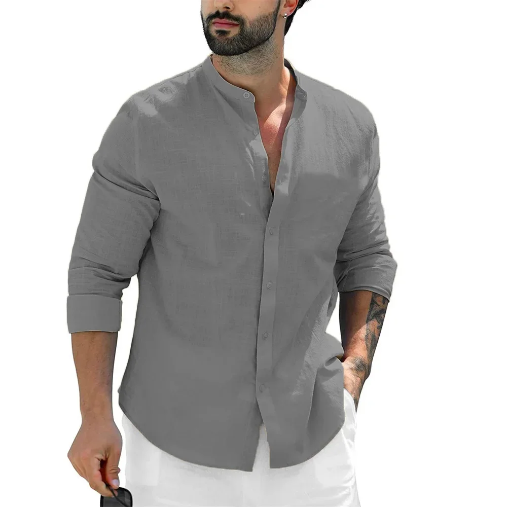 Men\'s Casual Solid Color Beach Shirts Full Sleeve Shirt Single Breasted Versatile Blouse Slim Male Stand Collar Cotton Linen Top