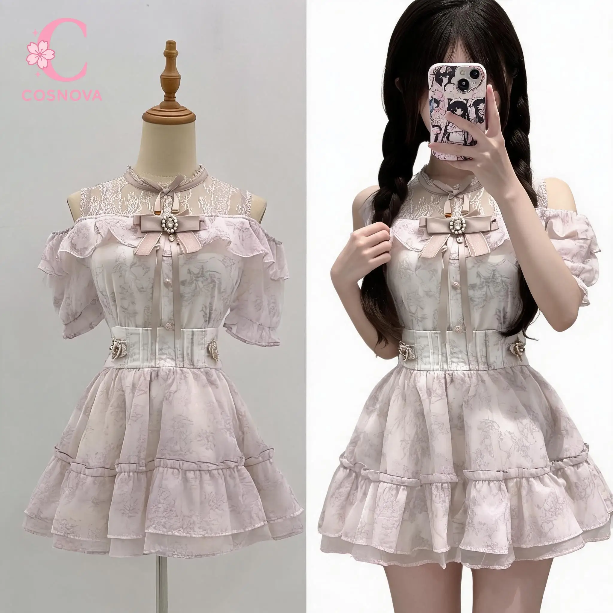 

Sweet Cute Japanese Lace Ruffle Off Shoulder Bow 2 Piece Set Women High Waist Tiered Floral Mini Skirt Blouse Casual Wear Party