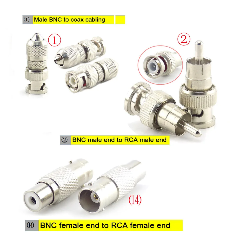 Convertidor de Video RCA macho hembra BNC conector coaxial adaptador de cableado para cámara CCTV, sistema de seguridad, Cable de vigilancia