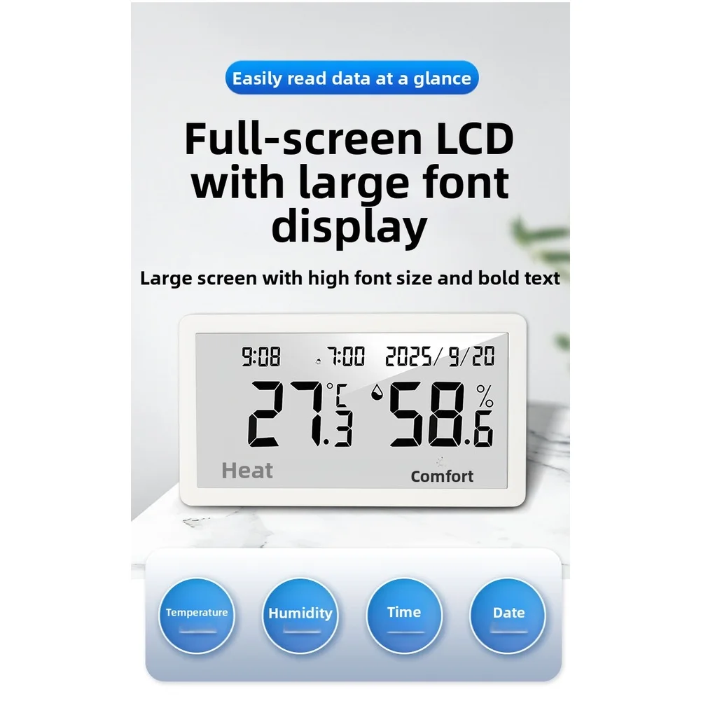 Accurate Digital Indoor Temperature Humidity Meter with Comfort Display Wall Mount and Desktop Placement with Clock Calendar