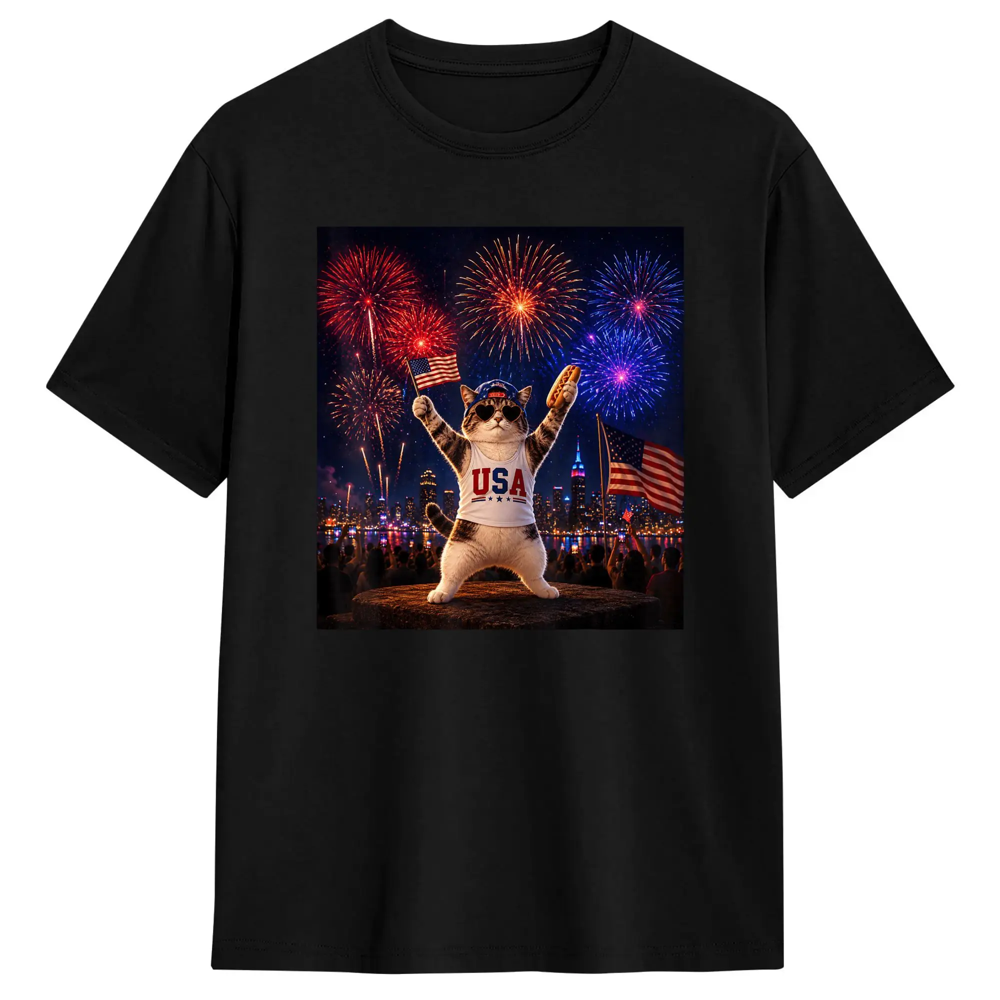Retro Funny America Cat Hot Dog Lovers Patriotic US Flag T Shirt  Trending T Shirts Short Sleeve Street Style Tops Summer Tees