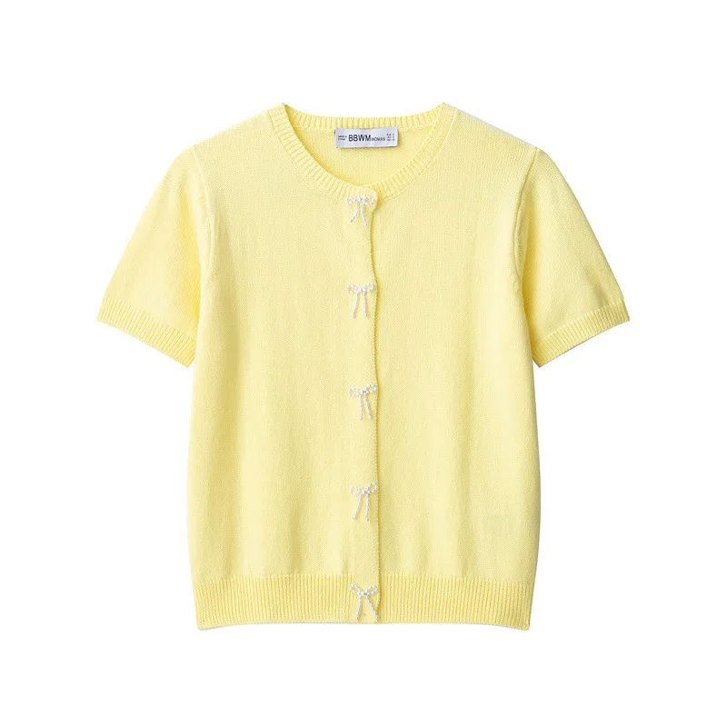 

2025 Design Sense New Women's Early Spring New Faux Pearl Butterfly Knit Short Sleeves