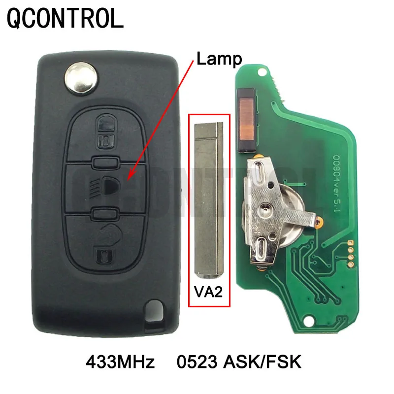 QCONTROL car Remote Key  for PEUGEOT Partner 807 307 207 407 308 CC Expert SW Lamp/Light Button (CE0523 ASK/FSK,3 BT, Blade VA2)