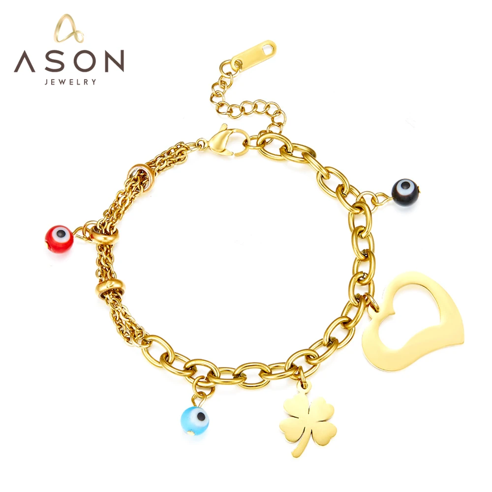 ASONSTEEL Heart Four-leaf Clover Shape And Mixed Color Cat Eyes Accessories Bracelets Gold Color Stainless Steel For Women Daily