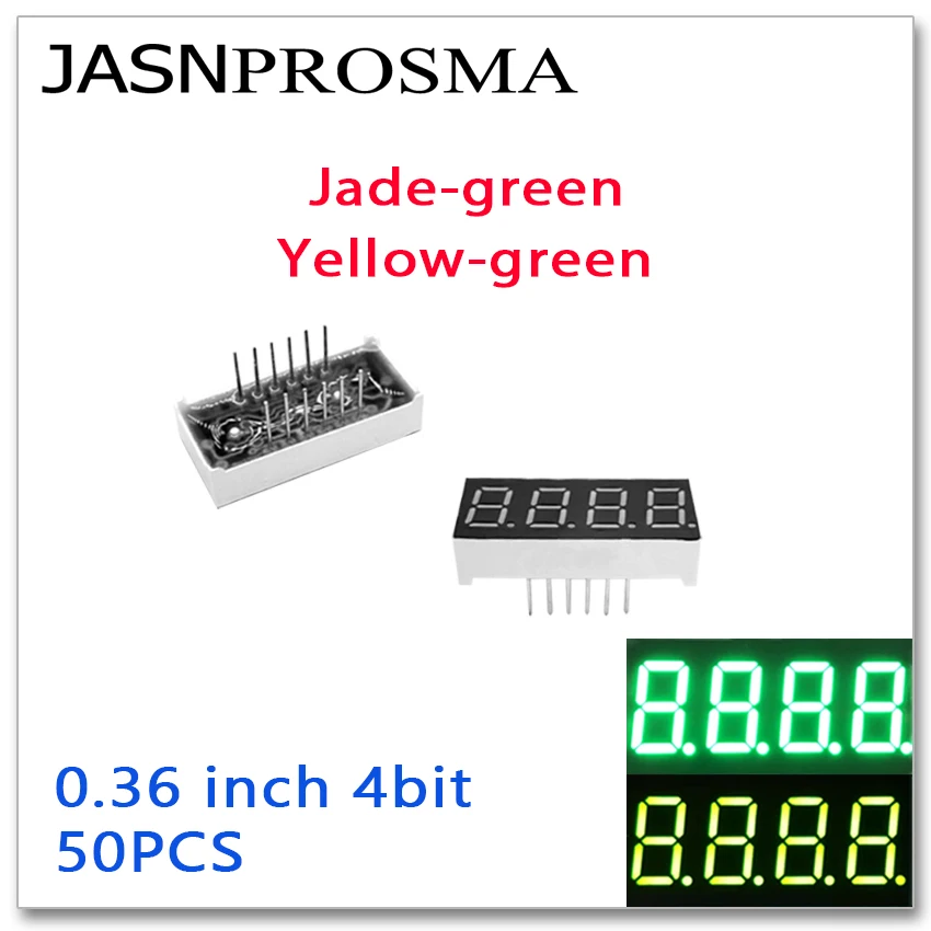 JASNPROSMA 50PCS 0.36 inch 4 bit digit Tube jade yellow green Common Cathode Anode LED Display 0.36inch four 7 Segment