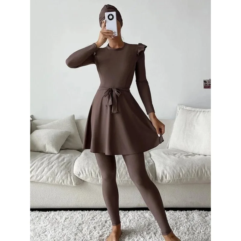 2024 Muslim swimwear women modest solid hijab long sleeves sport swimsuit Islamic colorblock high neck burkini swimsuit