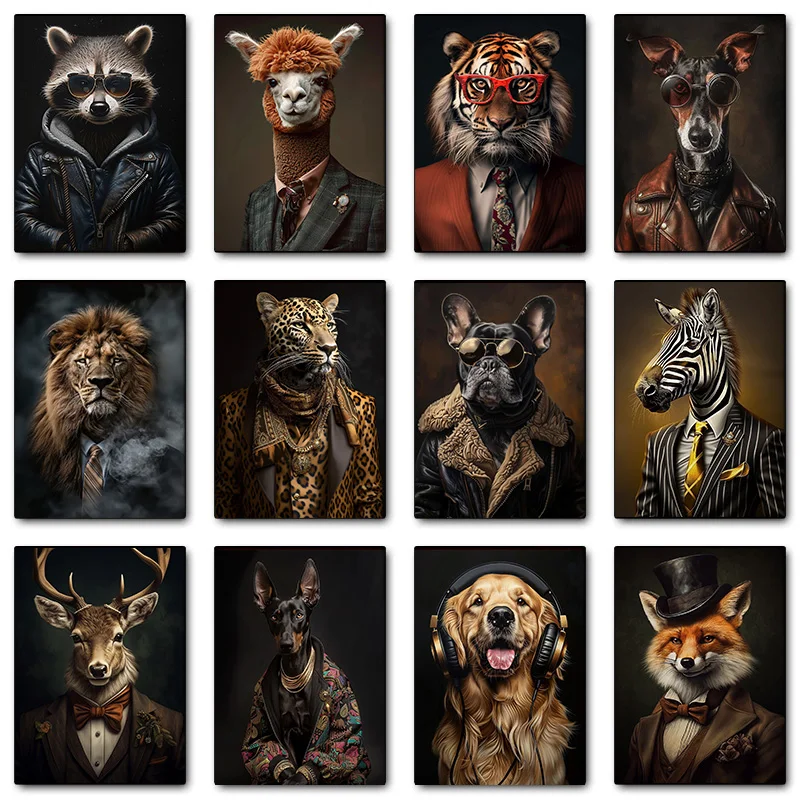 Animal Portraits Cool Dog Doberman Leopard Zebra in Striped Suit Poster Print Wall Art Pictures Canvas Painting Room Home Decor