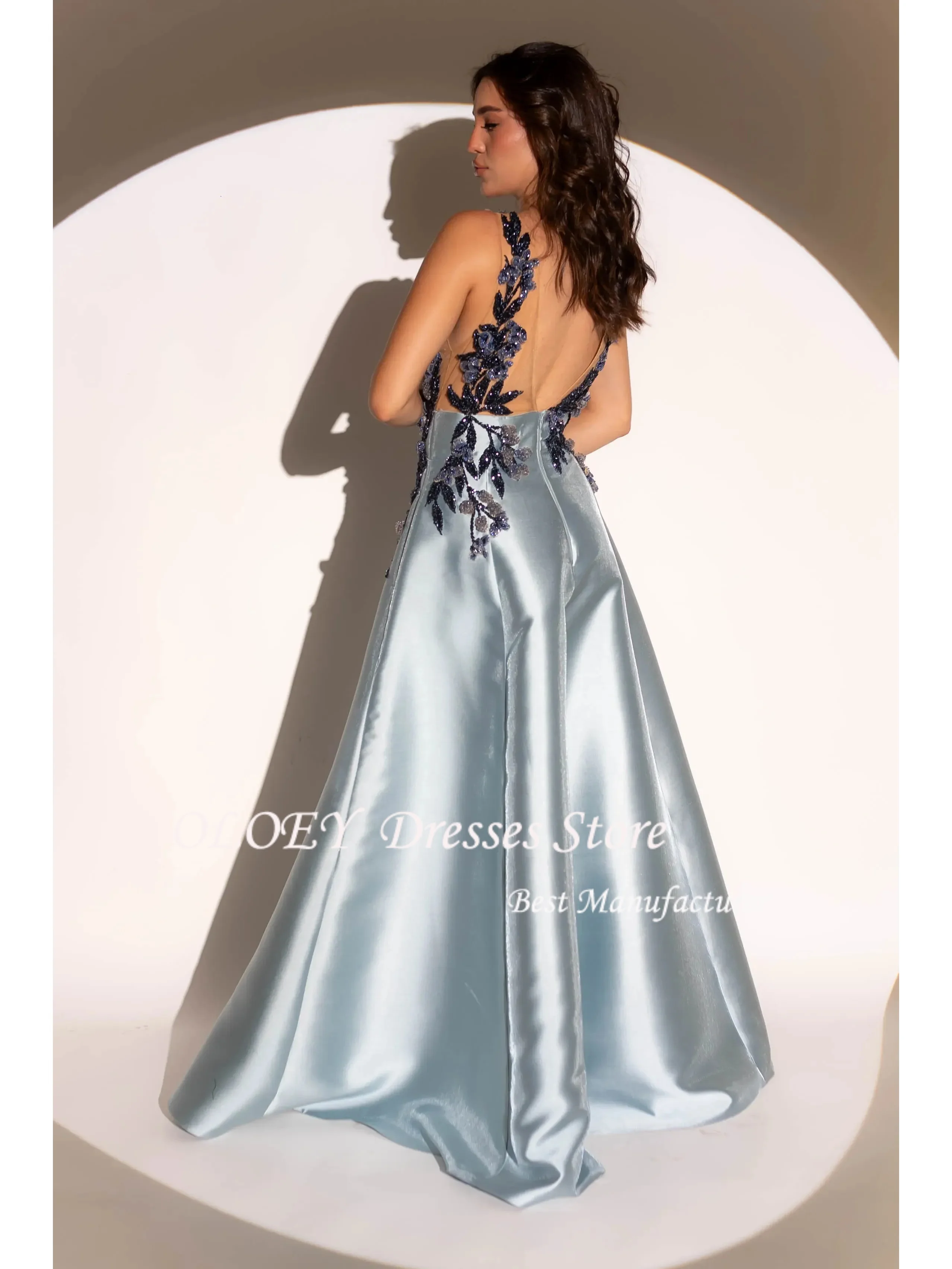 OLOEY ชุดเดรสสายเดี่ยวสีฟ้า ชุดเดรสทางการ คอวีลึก ชุดเดรสสำหรับงานแต่งงาน ประดับลูกไม้ ชุดเดรสสำหรับโอกาสพิเศษ สามารถสั่งตัดได้
