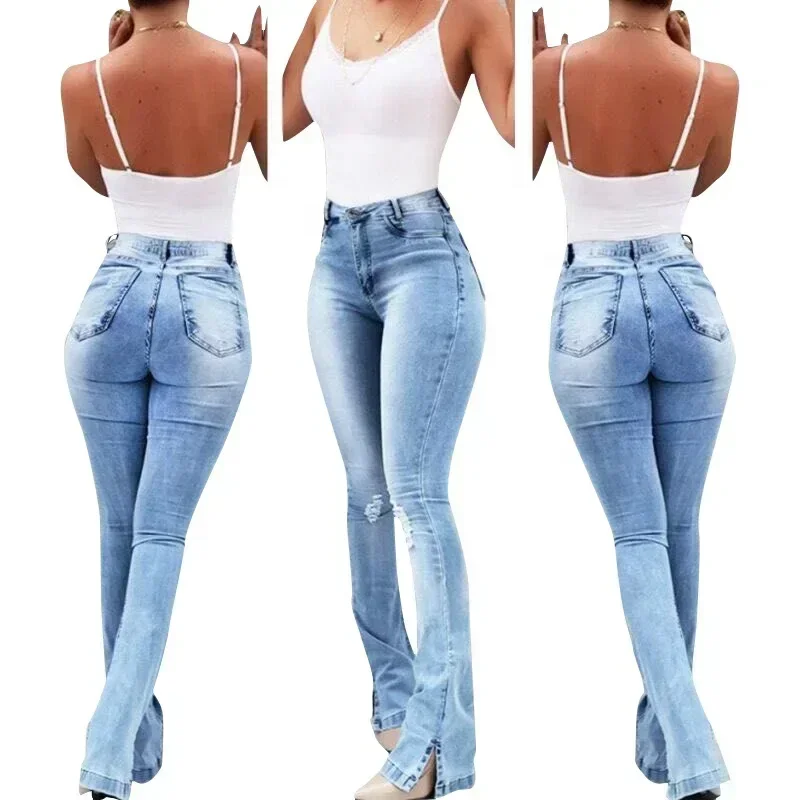 

Fashion Office-lady Solid High Strecth Split Denim Jeans Casual Slim Ripped Flare Pants with Pockets Spring Women Trousers 30304