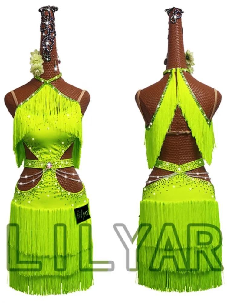 

New Latin Dance Performance Costume Tassel Skirt Customized Fluorescent Yellow Tassel Skirt Sparkling Diamond Style For Children