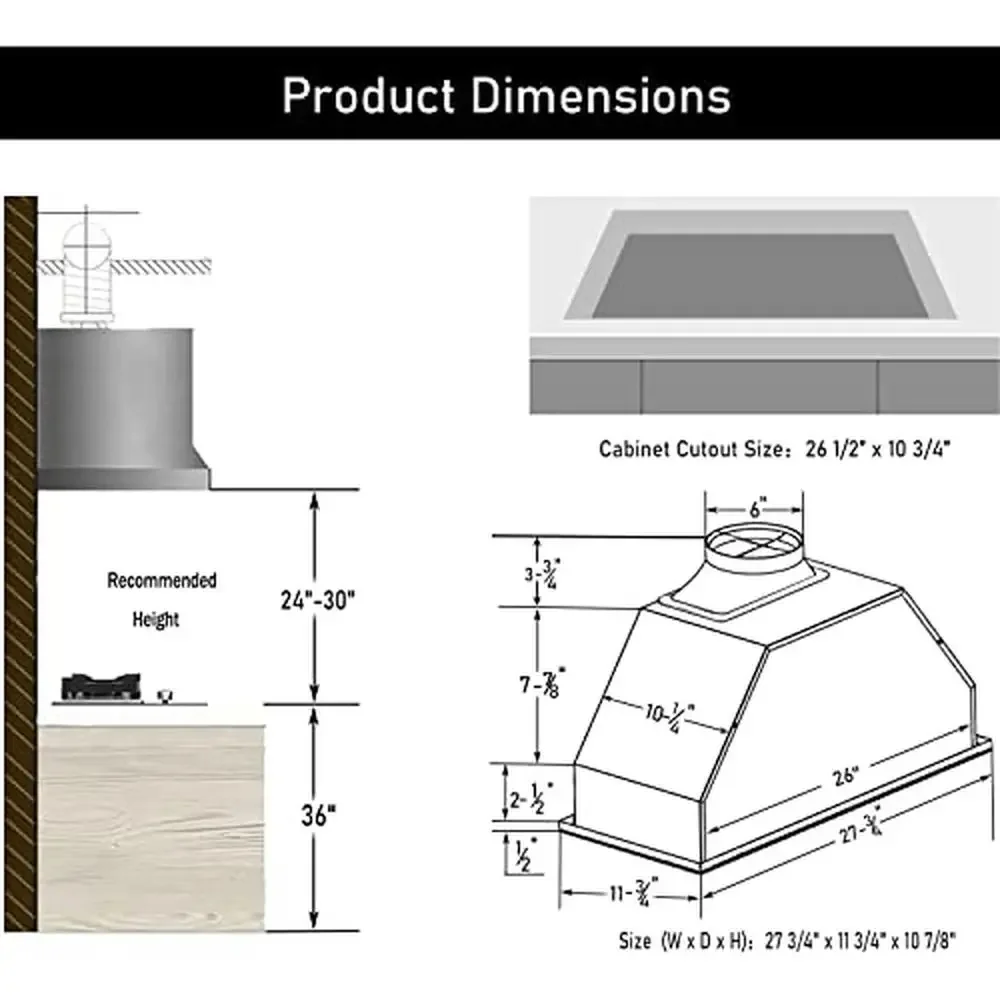 Inserto per cappa da cucina in acciaio inossidabile da 30 pollici Livelli a basso rumore con motore in rame canalizzato/senza condotto da 600 CFM