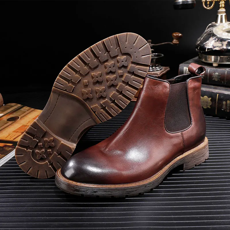 Botines Chelsea de cuero genuino de vaca de estilo británico para hombre, zapatillas altas con banda elástica sin cordones, botas de vestir informales para hombre