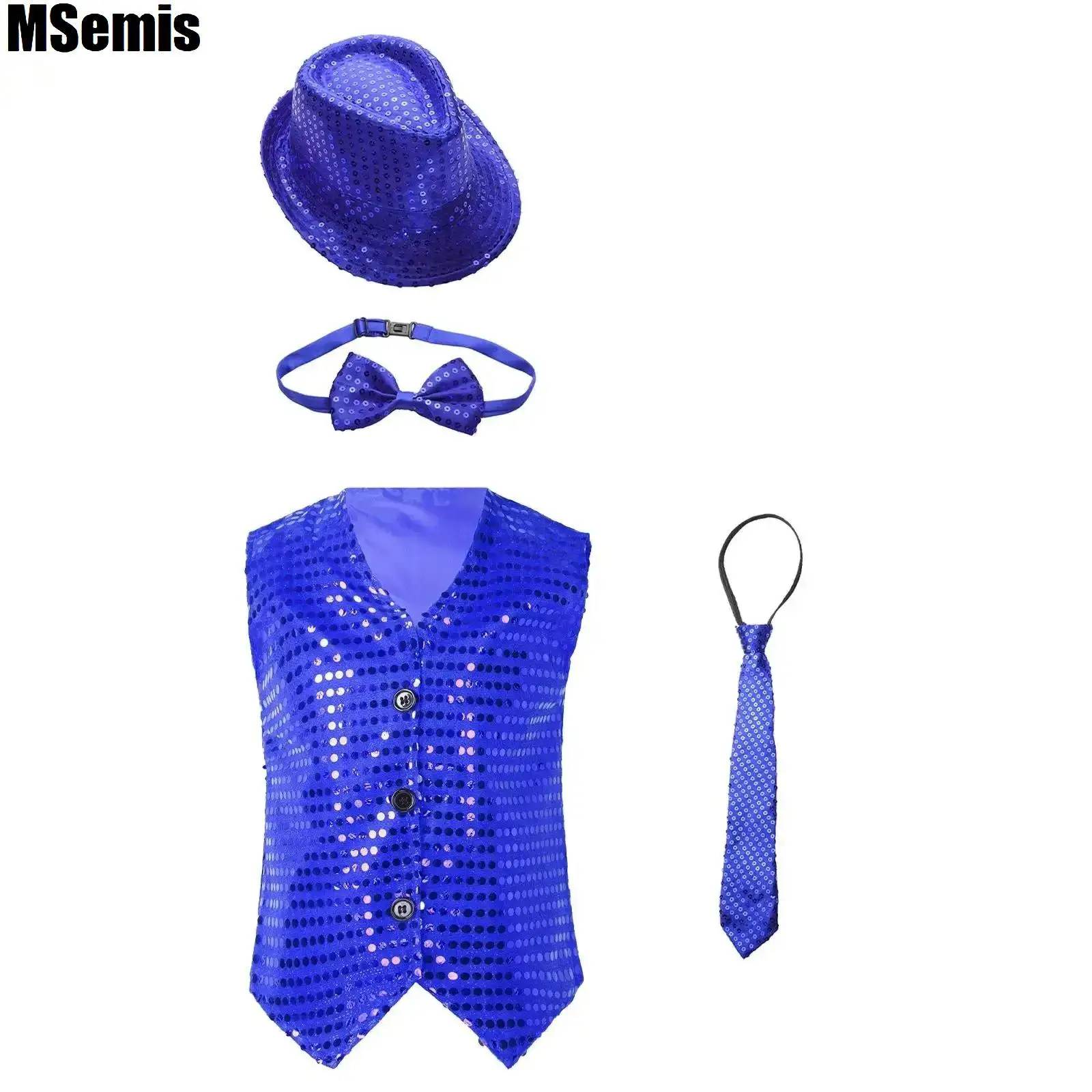 

Kids Boys Glittery Sequin Dance Vest Tops Sleeveless V Neckline Buttons with Hat And Bowtie Necktie for Jazz Stage Performance