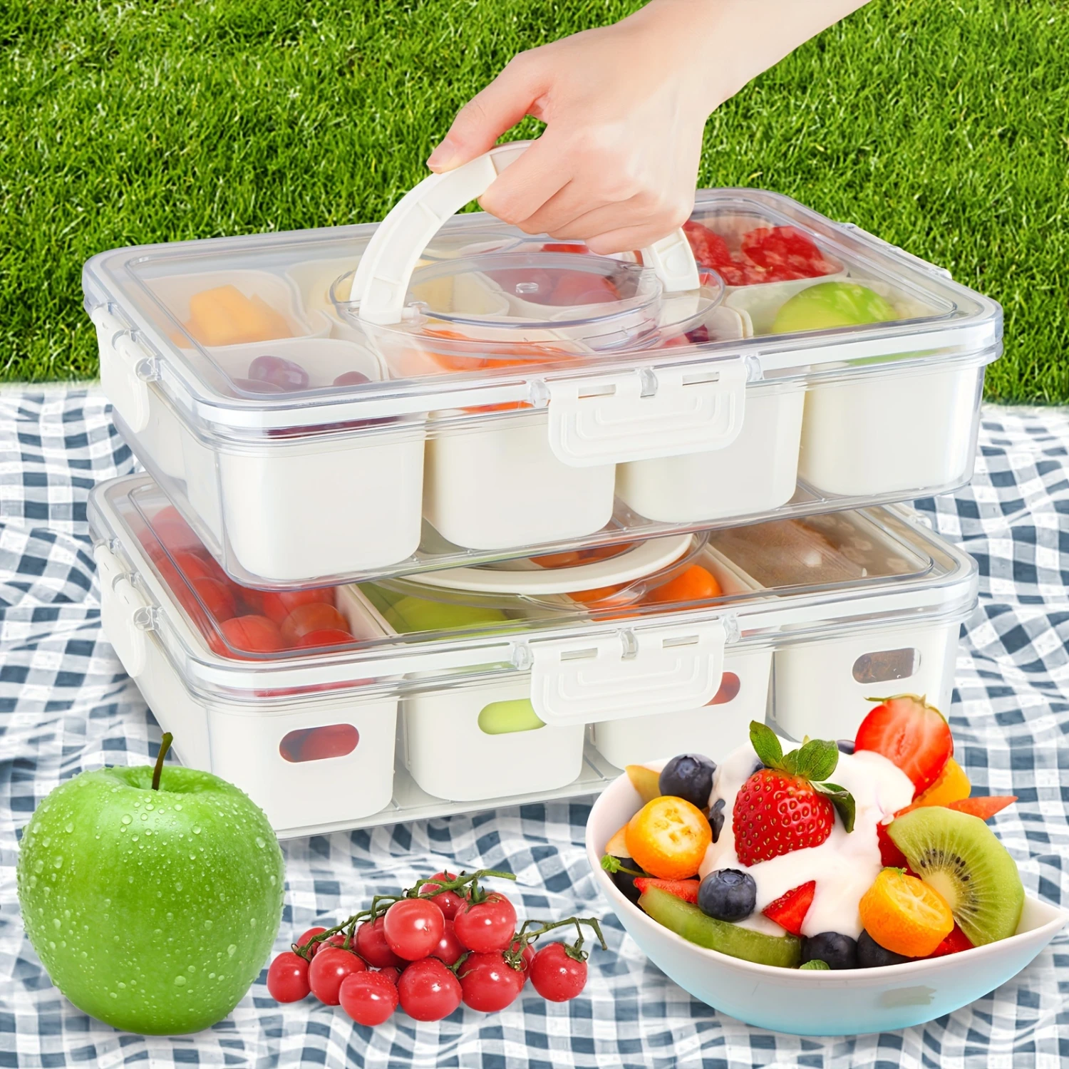 Plastic dienblad met meerdere compartimenten en deksel, stapelbare fruit- en groentecontainer, 8 afneembare minidozen voor snacks