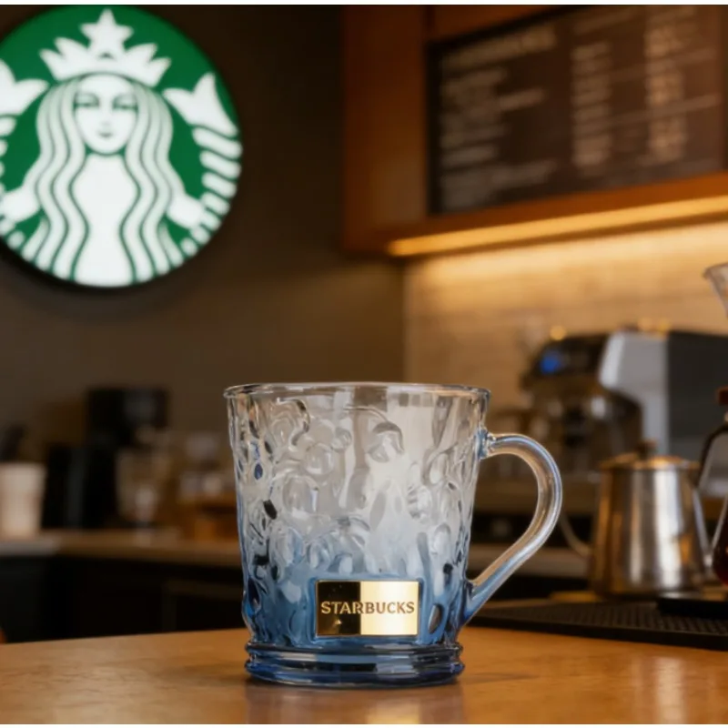 Copo de Vidro Texturizado Gradiente Azul Starbucks - Caneca de Vidro Resistente ao Calor com Placa de Metal Dourada, 415ml