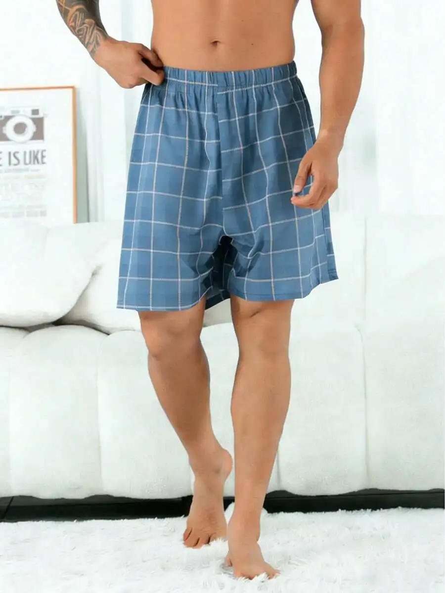 

Mens Knitted Plaid Pajama Shorts Elastic Waist Comfortable Loungewear For Spring Summer