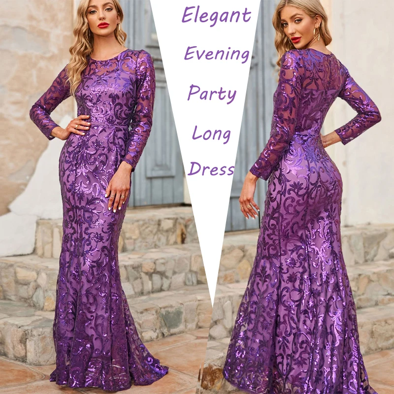 

Elegant Long Sleeve Sequin Evening Dress 2024 Luxury Women Mermaid Wedding Party Formal Dress Bridesmaid Prom Gowns L137