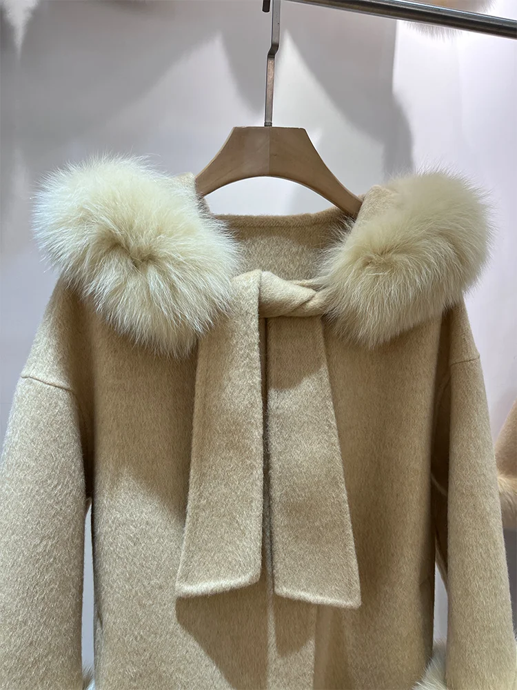 2025 Cappotto con cappuccio in vera pelliccia di volpe naturale da donna invernale Giacca in lana e cashmere Cappotto femminile spesso di lusso Capispalla caldo da donna in lana