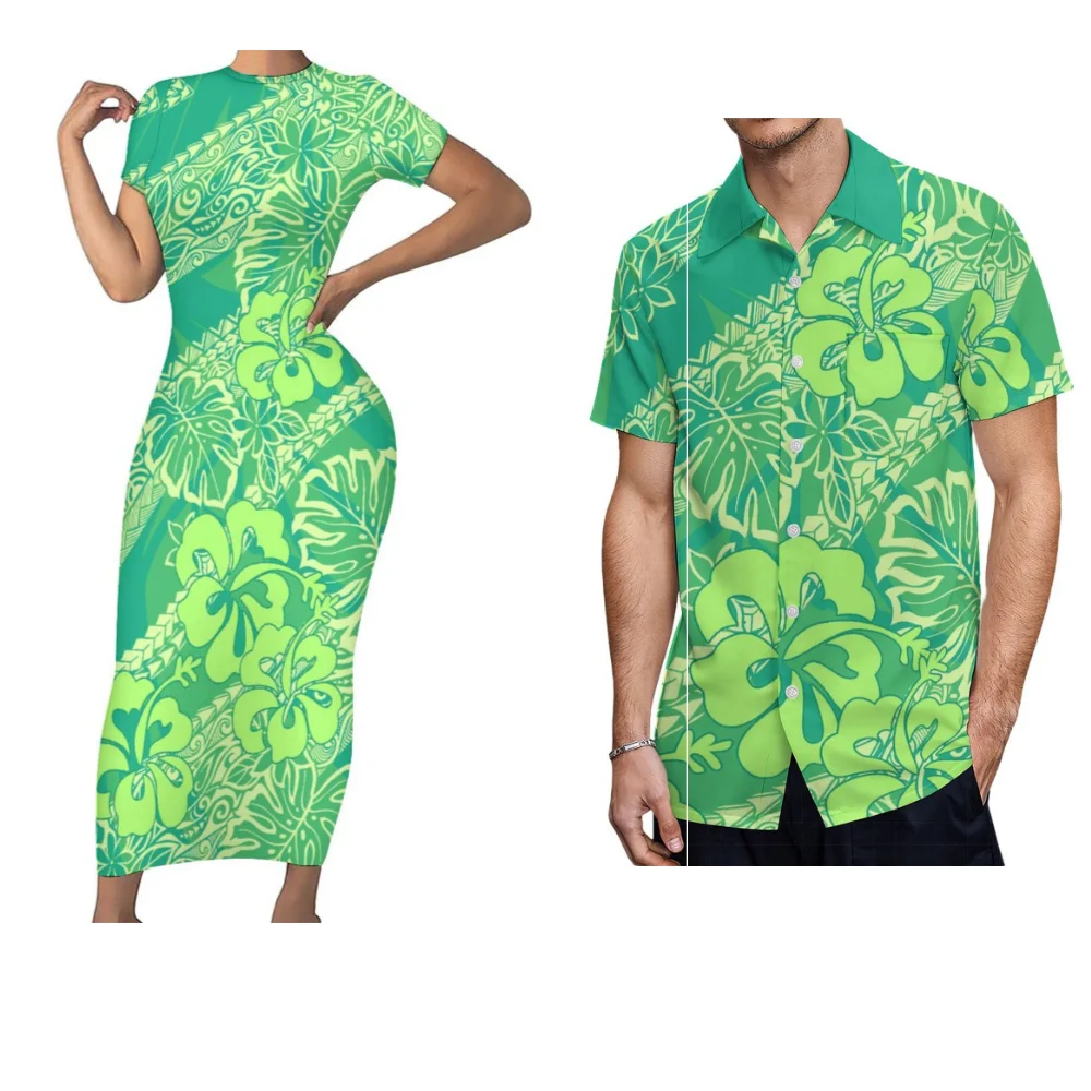 Polynesian Couple Suit Tailored Summer crew-neck short-sleeved slim-fit temperament women's dress Casual Party men's shirt 2024