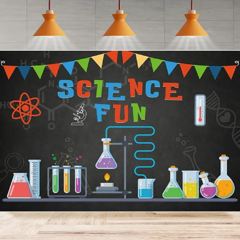 Photography Backdrop Science Beaker Measuring Cups Blackboard Colorful Chemical Apparatus Background Party Backdrop Wall Banner