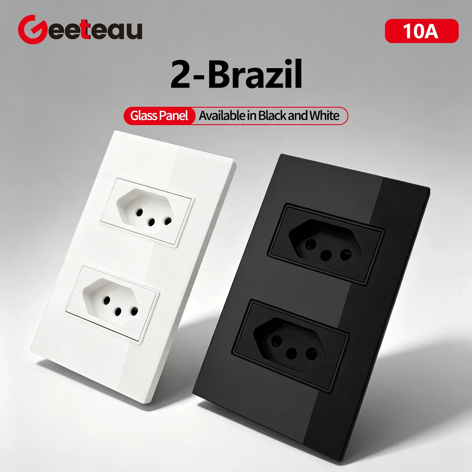 Geeteau Full Glass Panel 2 Gang Brazilian Socket 10A Black White Durable Wall Outlet Ideal For Home Indoor Commercial Electrical