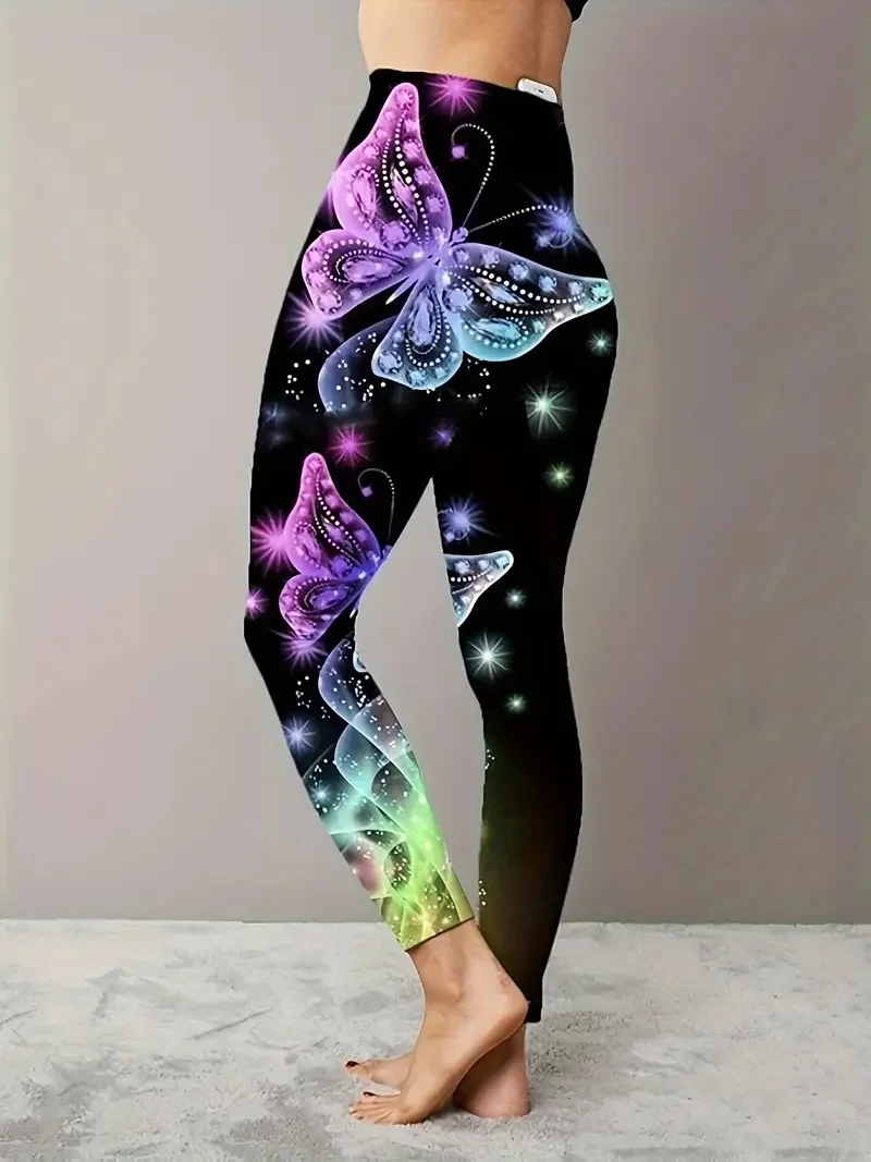 Butterfly print slim-fit elastic waist leggings for women traveling everyday wear