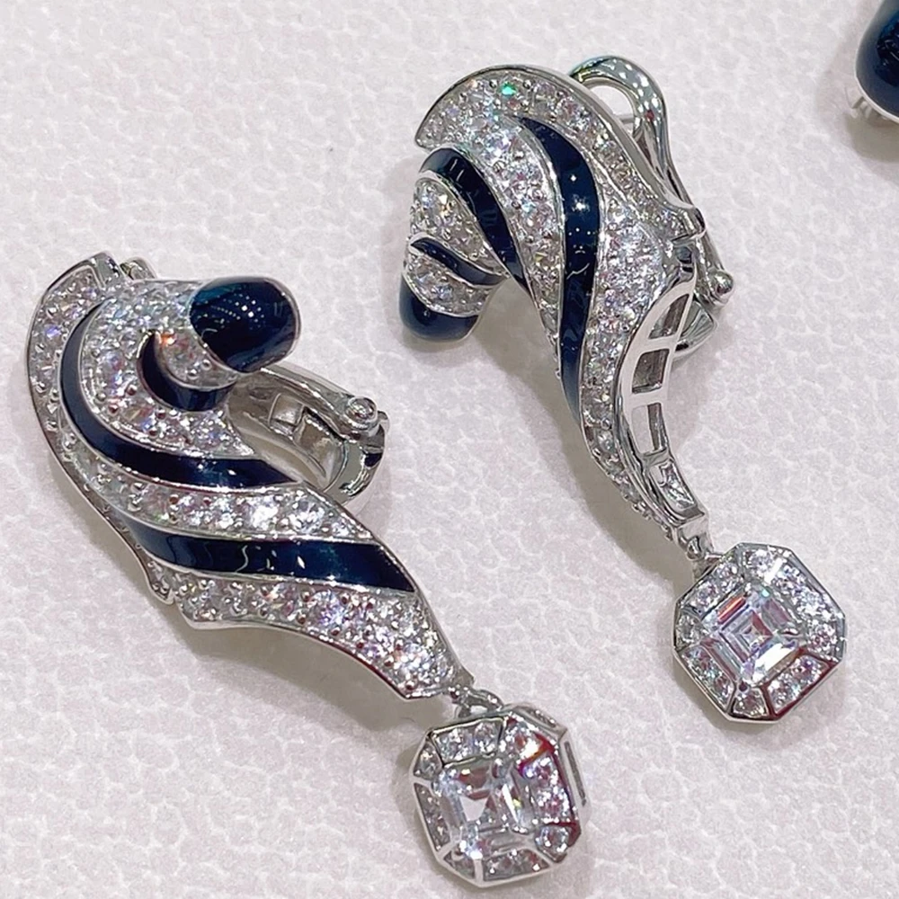 

New Solid 925 Sterling Silver Black Enamel High Carbon Diamond Zebra Earrings For Women Luxury Party Fine Jewelry Gift