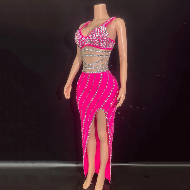 Sukienka z różowymi czerwonymi dżetami na imprezę dla piosenkarki, sukienki wieczorowe, kostium do występów jazzowych, strój sceniczny, na wybieg, XS9616