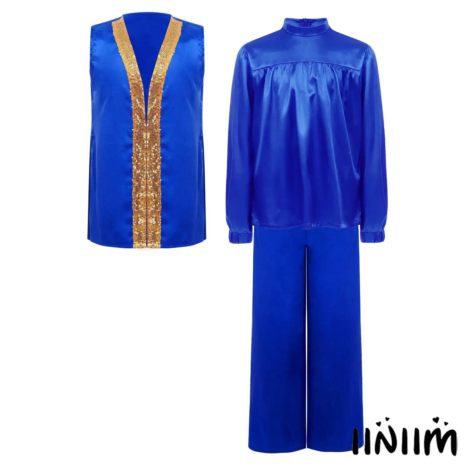 

3Pcs/Set Boys Liturgical Worship Praise Dance Outfit Long Sleeve Zipper Satin Top+Wide-Leg Pants+Sides Split Sequin Vest Robe