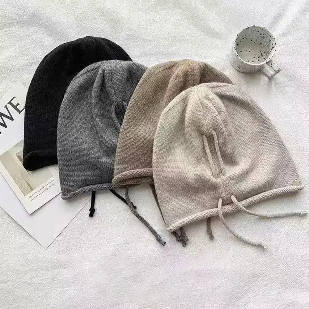 

Women Knitted Baggy Beanie Hat Drawstring Slouchy Wool Pullover Cap Coldproof Casual Skullies Caps Rolled-Brim Hat Street Wear
