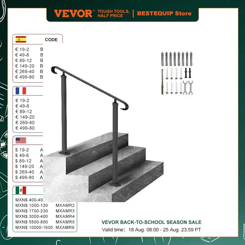 VEVOR Handrails for Outdoor Steps Fit 1-3 Steps Outdoor Stair Railing Wrought Iron Handrail Adjustable Front Porch Hand Rail