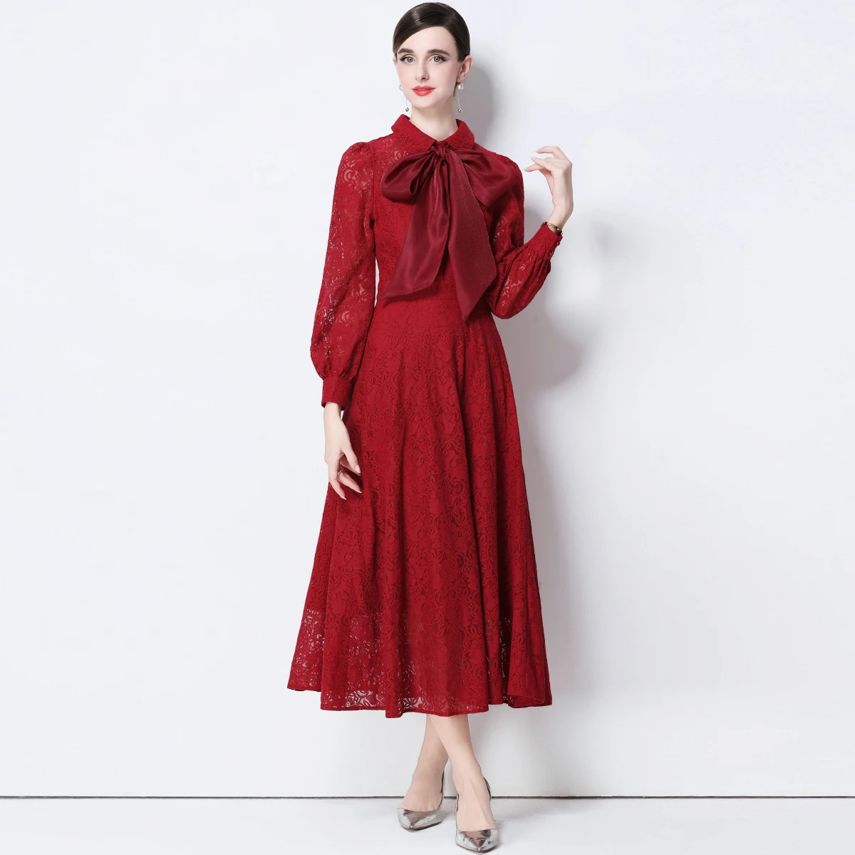 Vestido de fiesta bordado de encaje Vintage para mujer, vestido largo ajustado elegante de manga larga con cuello de lazo, ropa femenina de otoño