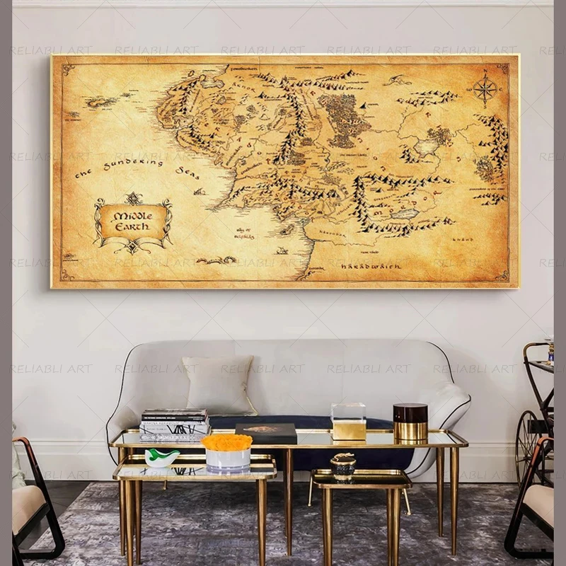 Retro The-Lord-of-Rings Map Poster Vintage Middle-earth Map Canvas Painting Movie Wall Art Pictures for Home Living Room Decor